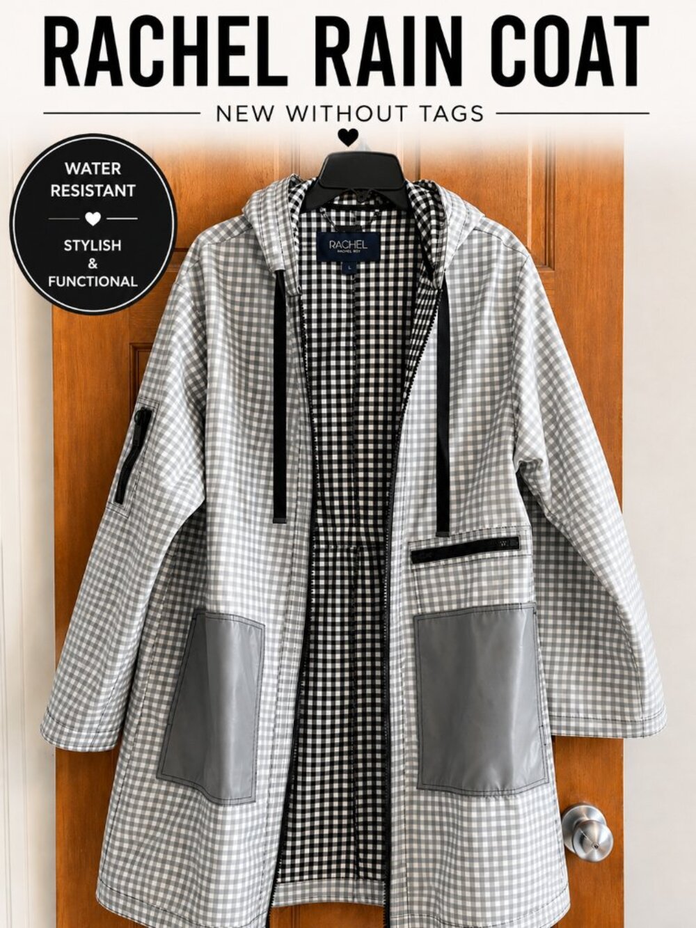 Rachel Roy Black White Gingham Hooded Rain Coat Jacket Size XL NWOT